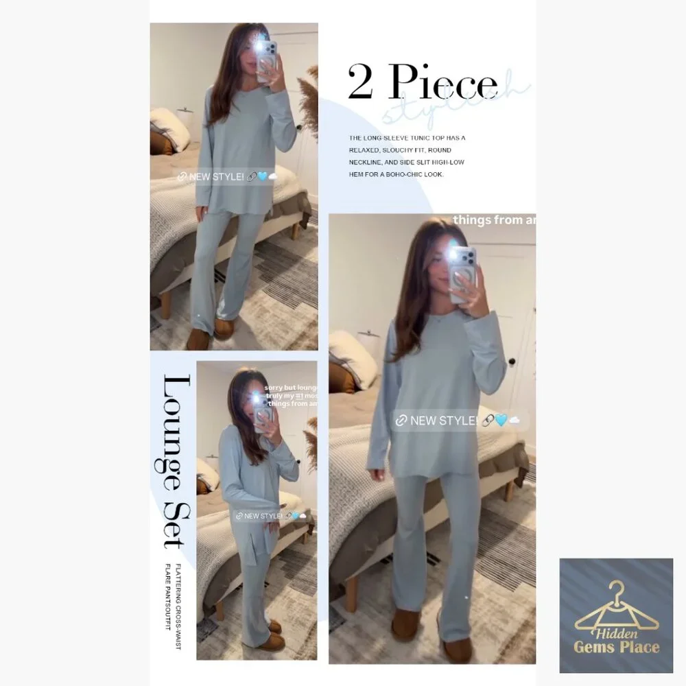 2 Piece Lounge Set Cross Waist Flare Pants Long Sleeve Tunic Top